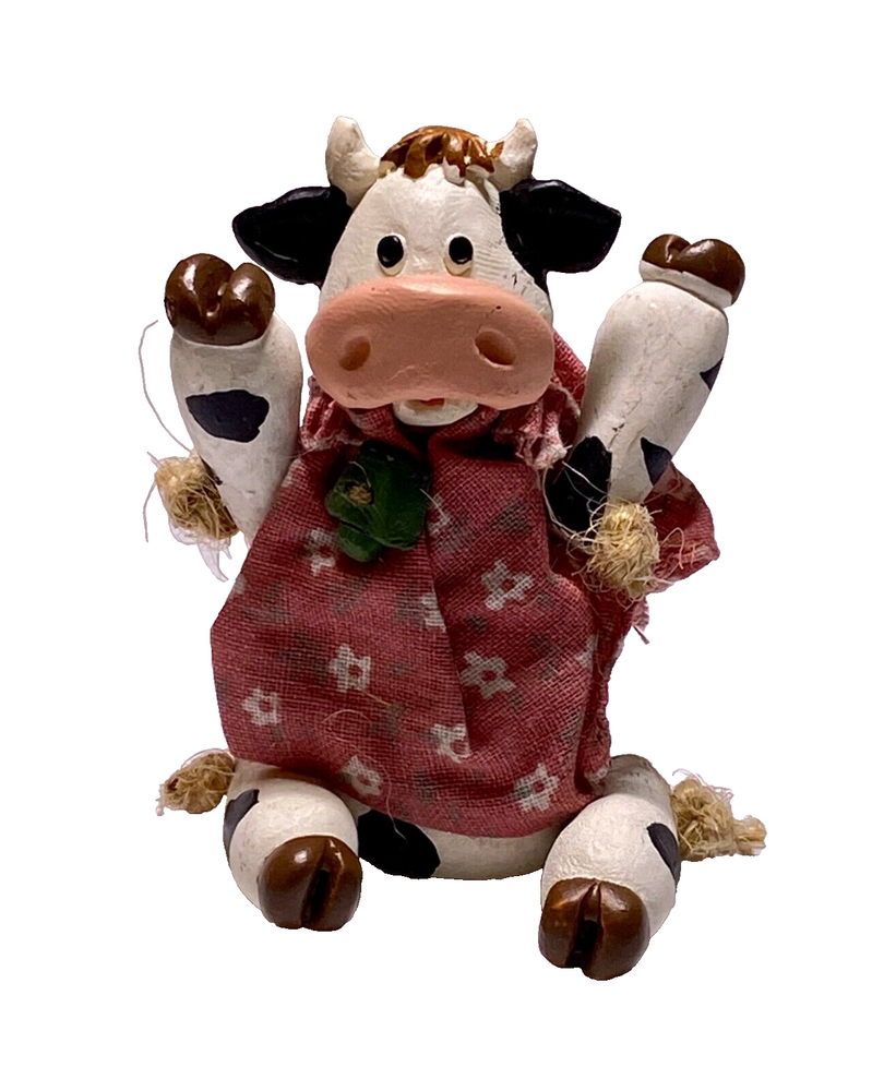 Russ Berrie Co. Country Kin Sculptstone 13900 Jointed Cow Green Bell Figure Vtg