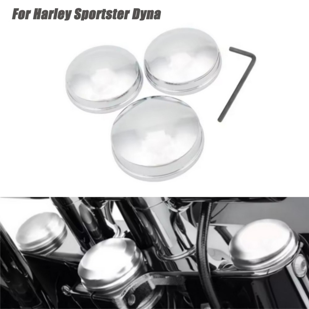 3pcs Chrome Upper Fork Stem Nut Covers Cap Fit For Harley Sportster Dyna Softail
