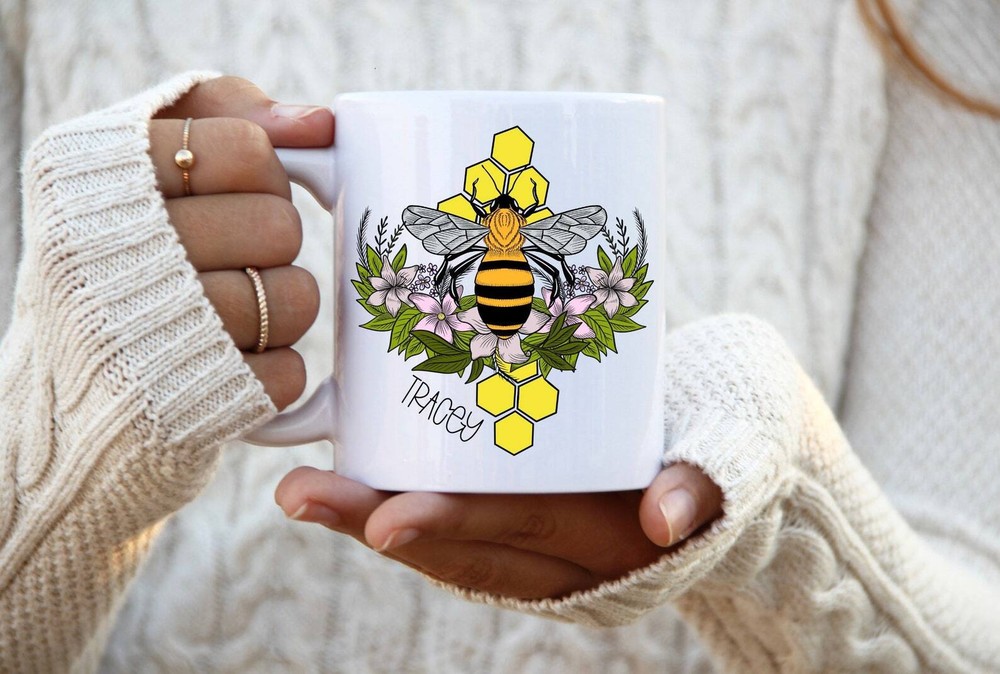 Personalised Bee And Flowers Mug Coffee Mug Tea Mug Happy Fun Mug