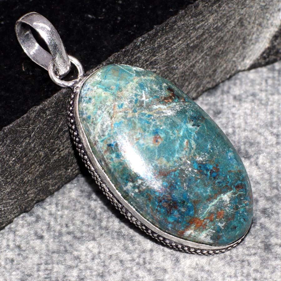 925 Silver Plated Handmade Chrysocolla Gemstone Pendant 2 Inch JW