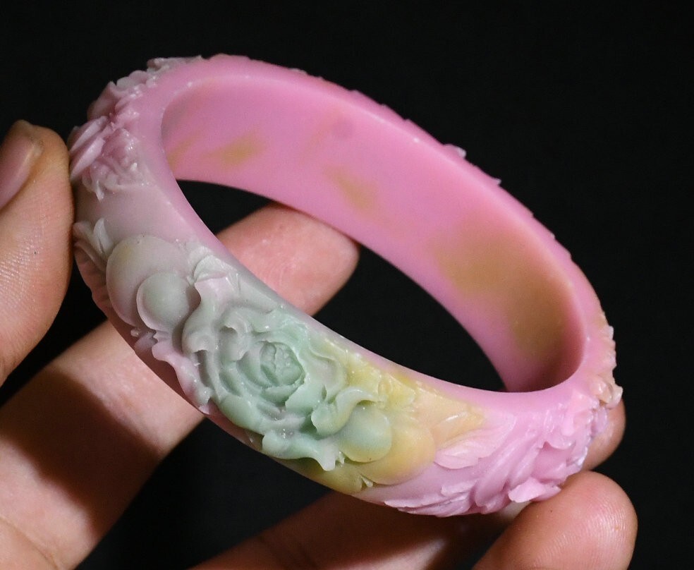 7CM Natural Jade Peony Flower Carved Bracelet Bangle Handmade in China