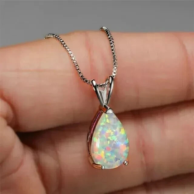 2Ct Pear Cut Lab-Created Fire Opal Diamond Pendant Necklac 14K White Gold Plated