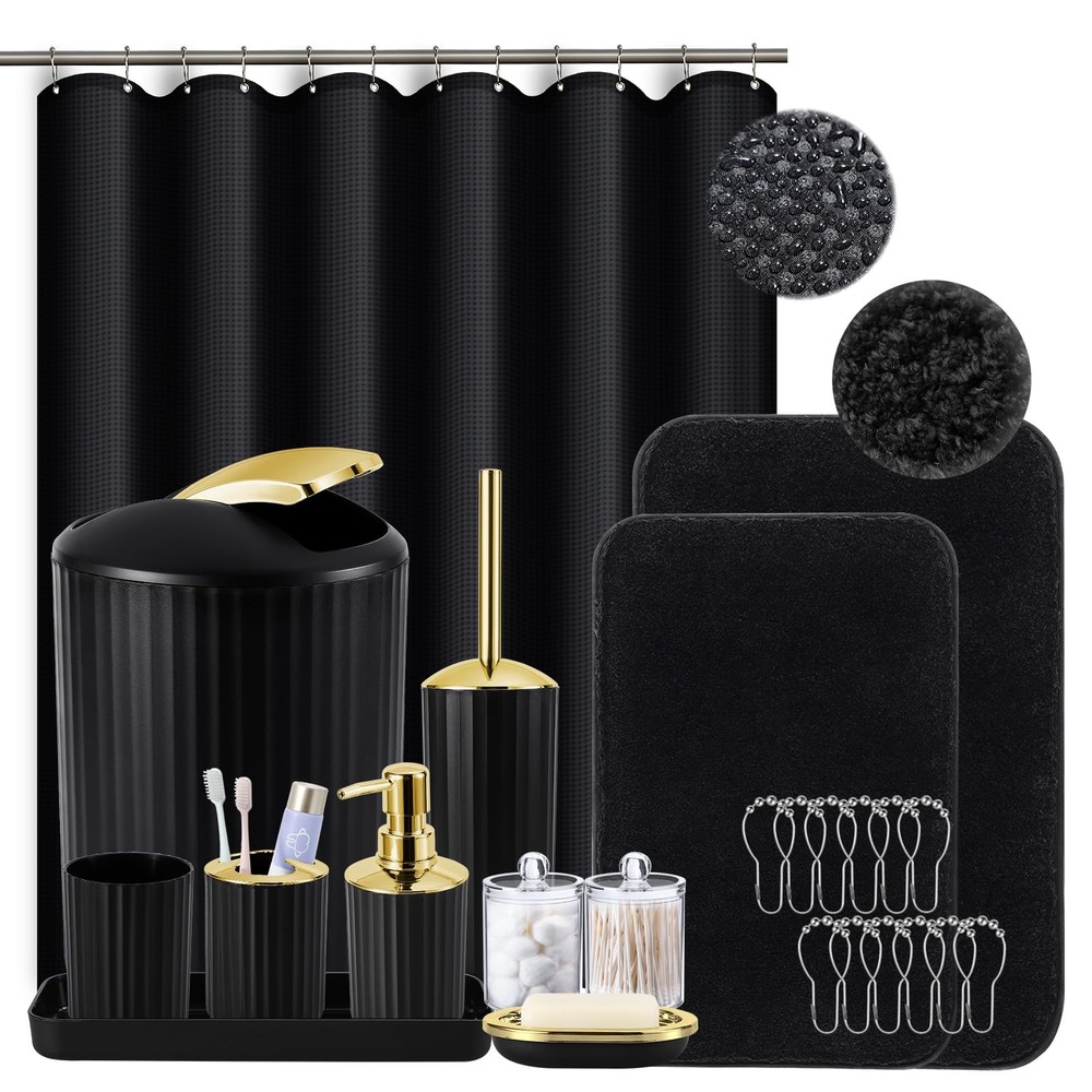 Black and Gold Bathroom Set with Shower Curtain and Rugs