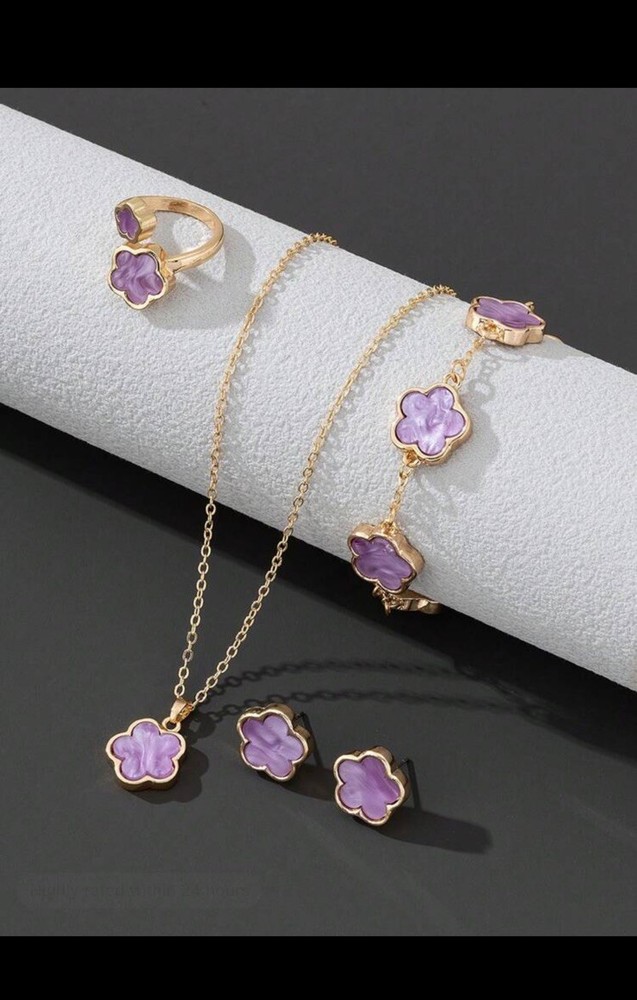 Lucky Clover Purple Jewelry Set with Necklace Ring Bracelet Earrings