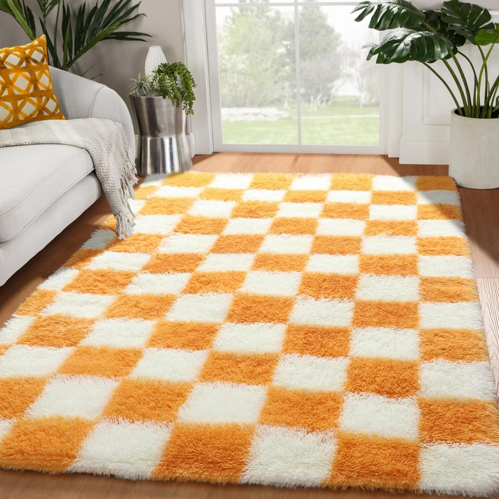 Orange Cream White Fuzzy Checkered 4x6 Rug for Bedroom Living Room