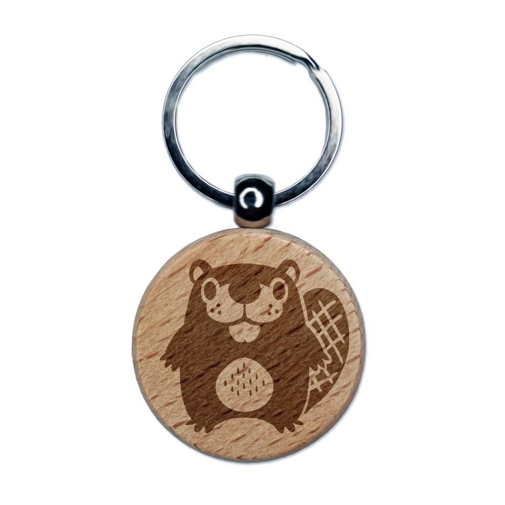Adorable Kawaii Beaver Wood Keychain Charm with Engraved Design