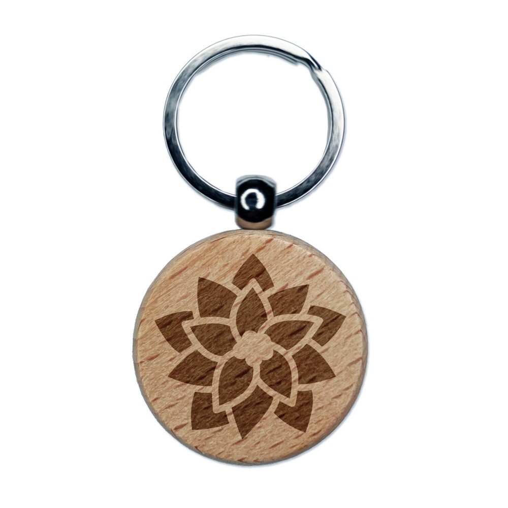 Christmas Poinsettia Engraved Wood Round Keychain Tag Charm