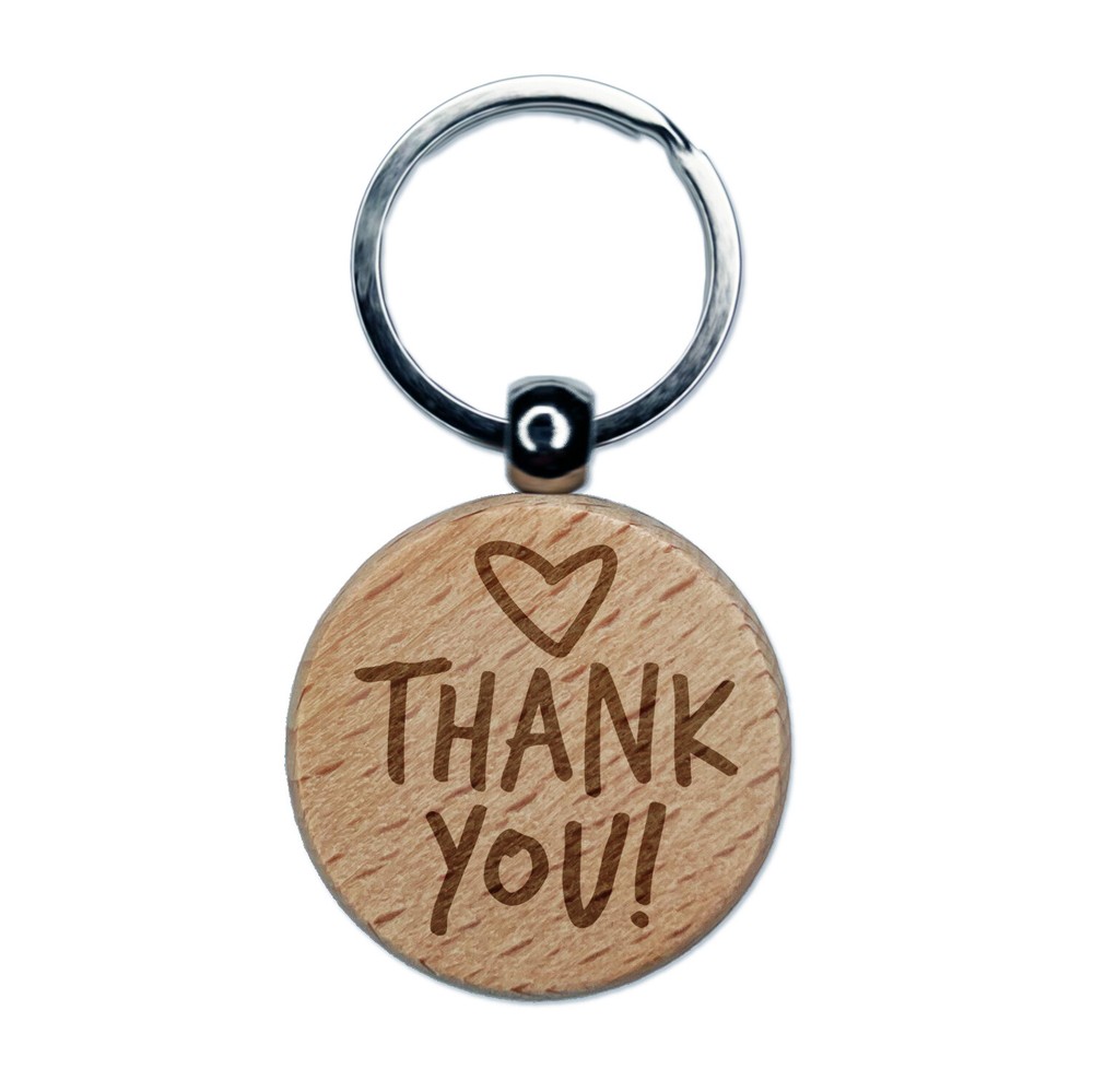 Thank You Fun Text with Heart Engraved Wood Round Keychain Tag Charm