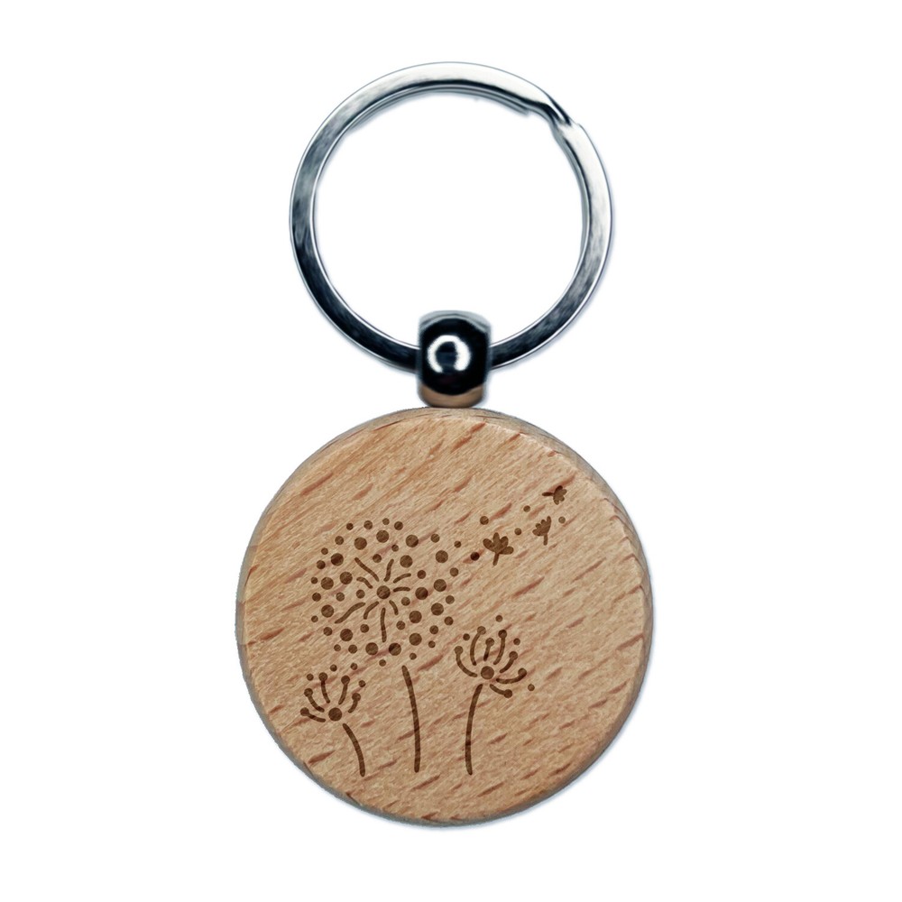 Dandelion Seeds Blowing Away Engraved Wood Round Keychain Tag Charm