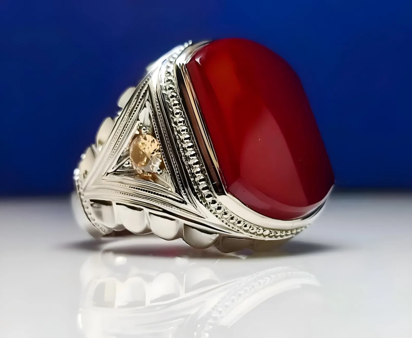 Blood Red Yemeni Aqeeq Ring, 925 Sterling Silver Natural Agate Ring, Shia Ring