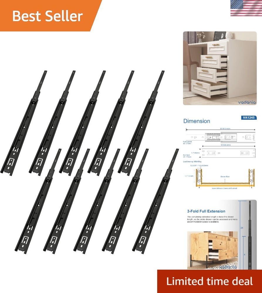 16-Inch Black Metal Drawer Slide Full Extension Side Mount 100Lb Capacity