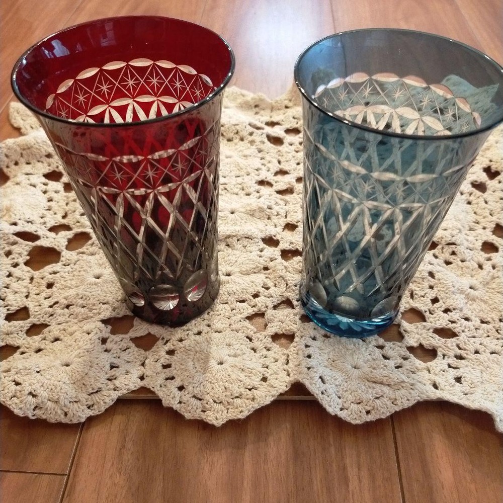 Edo Kiriko Glass Set 2 Red & Blue Cut Design 8.7in (22cm)