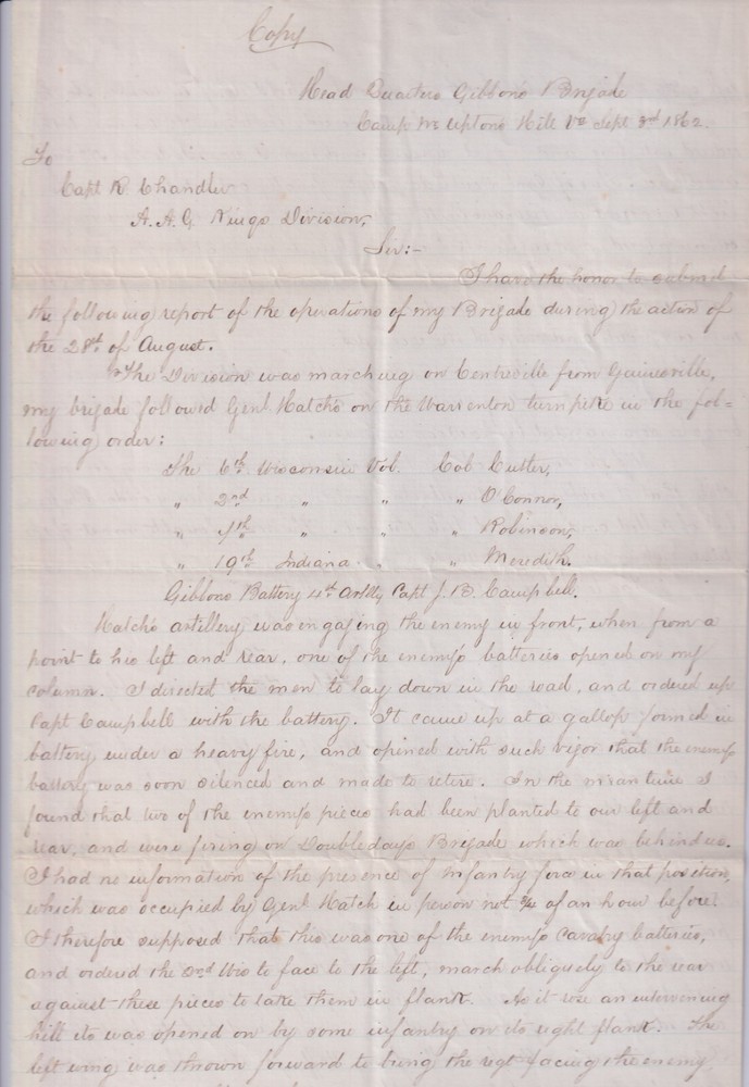 1862 Civil War Action Report by Brig General John Gibson - Historical Document HK0272