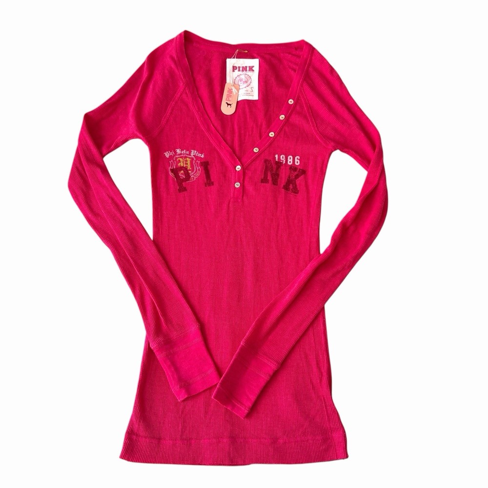 Vintage 07 Victoria's Secret PINK Long Sleeve Henley Fitted Top NWT New Y2K Tee