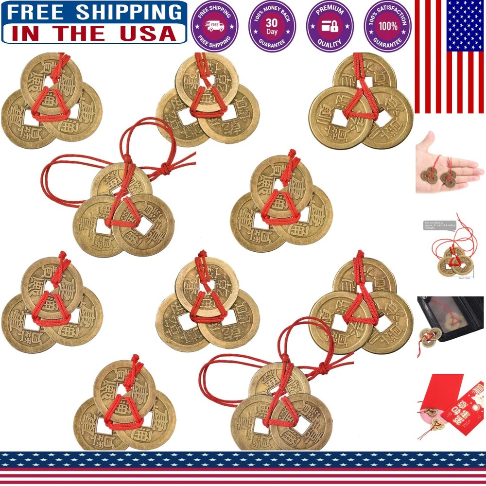Chinese Feng Shui Coins Set - 10 Good Luck Coins with Red String for Wealth