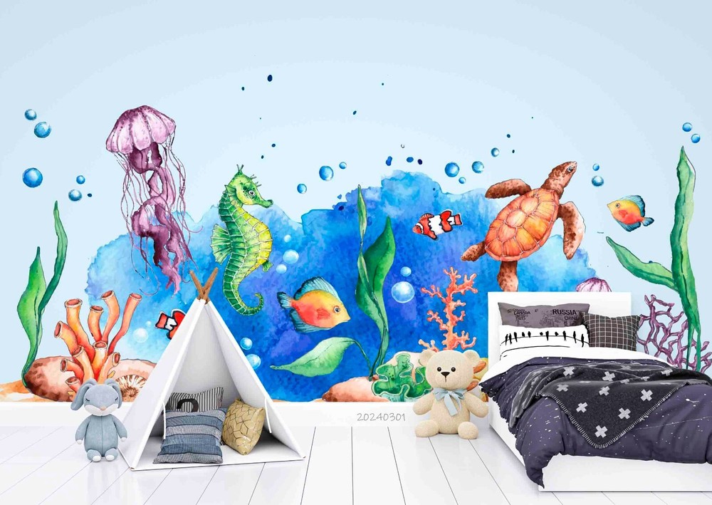 3D Watercolor Underwater World Wall Murals Wallpaper Murals Wall Sticker 101
