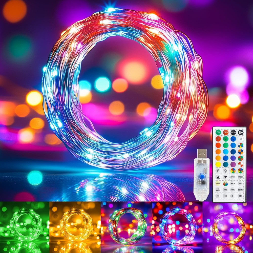 100 LED 32.8ft USB RGB Color-Changing Fairy Lights with Copper Wire for Decor