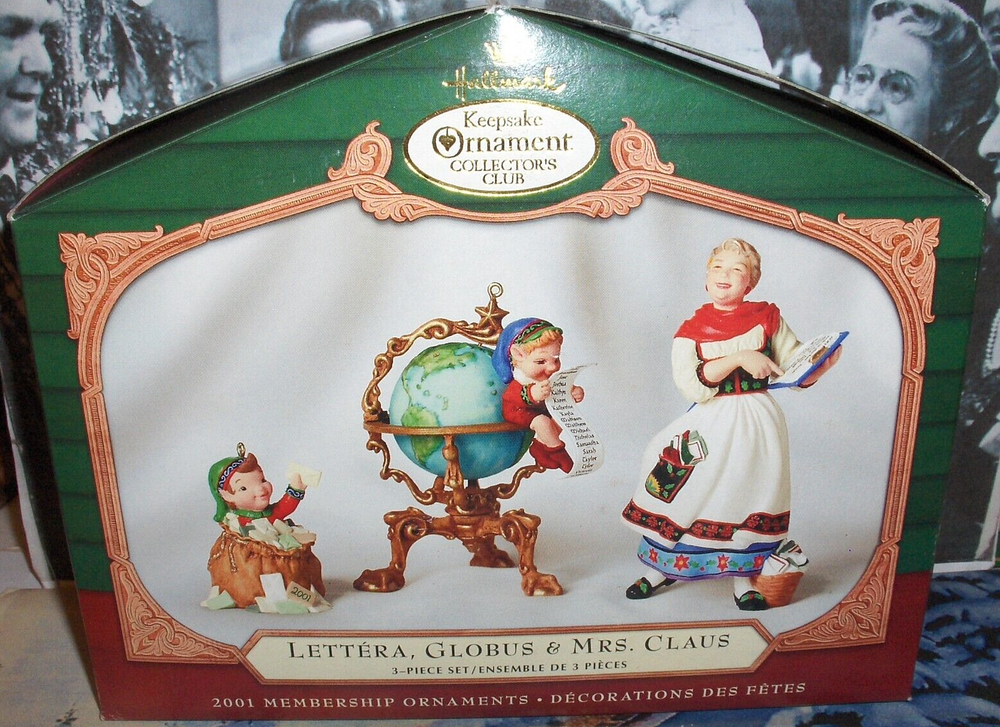 Vintage 2001 Hallmark Christmas Ornaments - Lettera, Globus & Mrs Claus - Set of 3