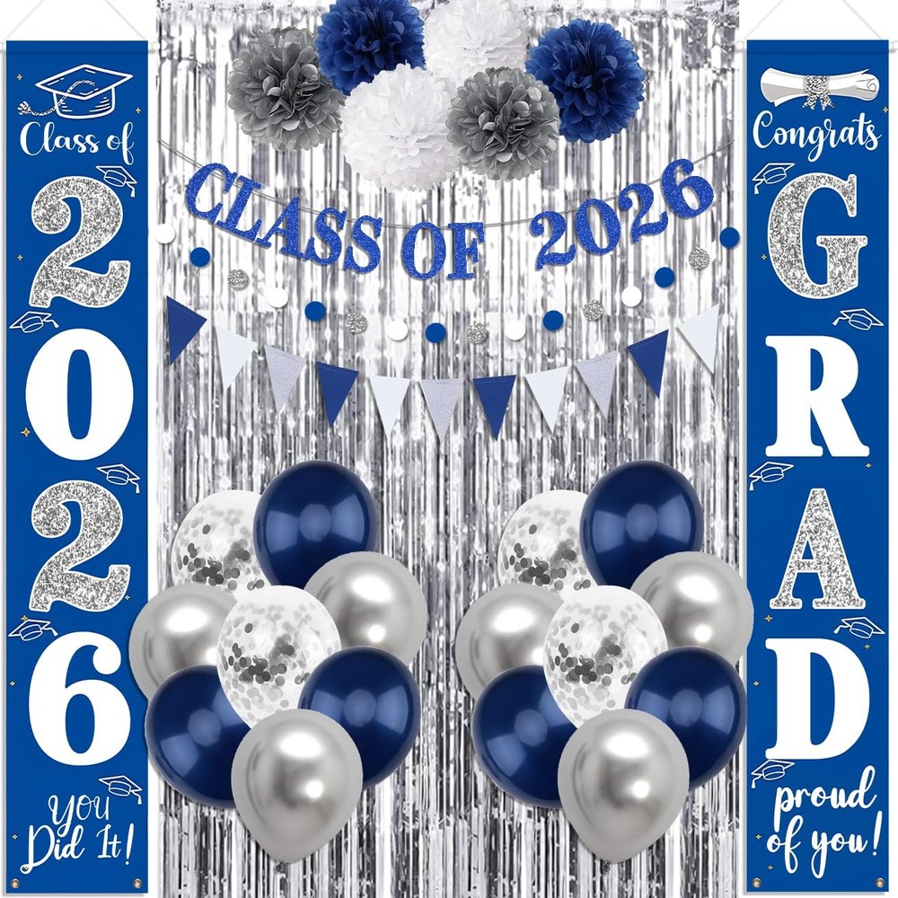 Graduation Decorations 2026 Blue and Silver Graduation Porch Sign Class of 20...