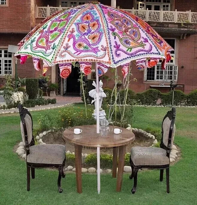 Indian-Inspired Embroidered Garden Parasol with Floral Design – 72