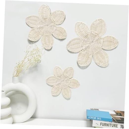 Boho Daisy Wooden Wall Art Rattan Flower Decor for Home