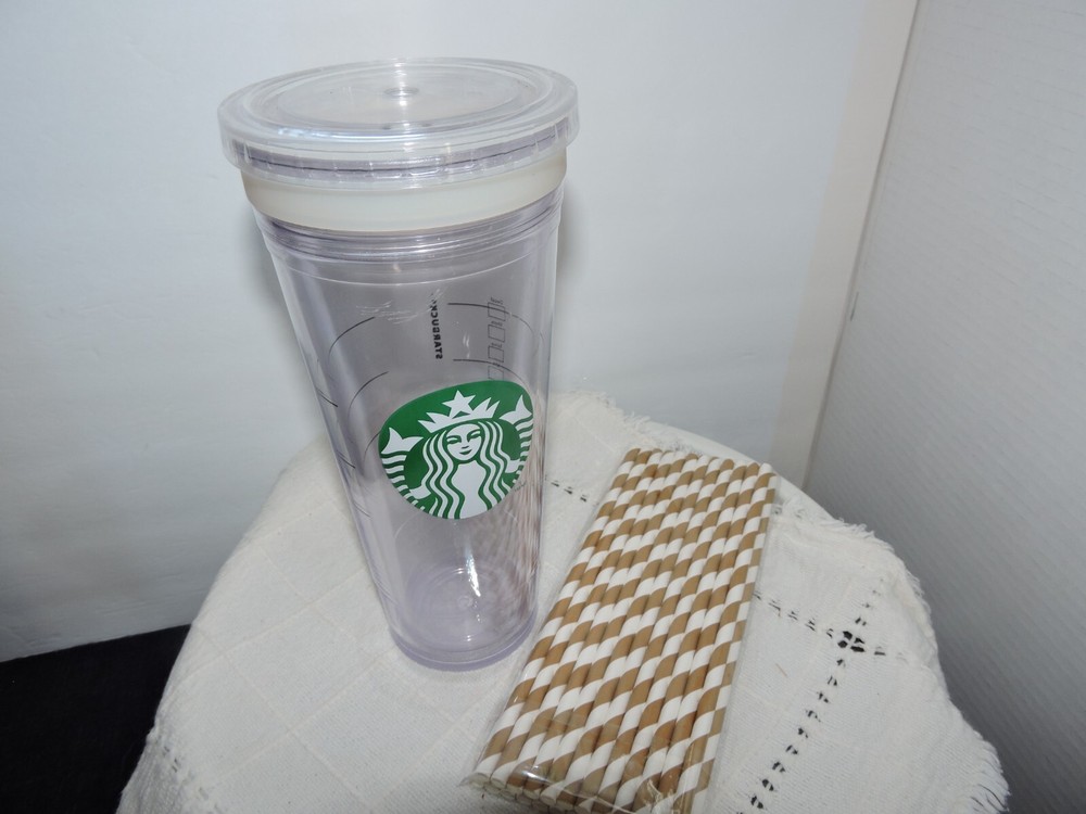 Starbucks 24 oz clear cup with green mermaid lid 2011 plus paper straws