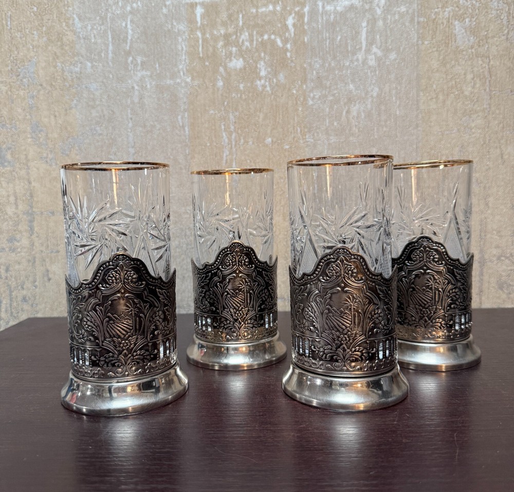 Vnt Russian Cut Crystal Glasses with Silver-Tone Holders – Set of 4
