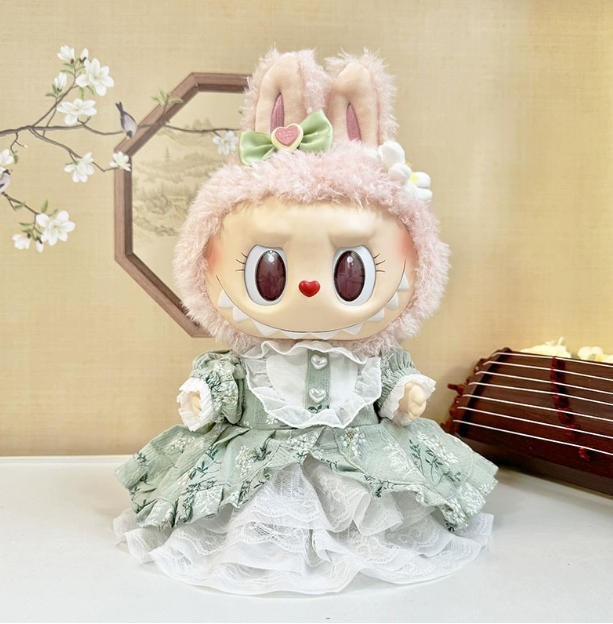 (No Doll) Compatible Green Dress Set for 38CM LABUBU Clothes Bow Clip Skirt DIY
