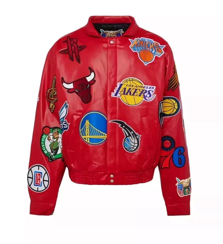 NEW Men's Red NBA College Varsity Jacket Real Leather Jeff Jacket Size 3XL