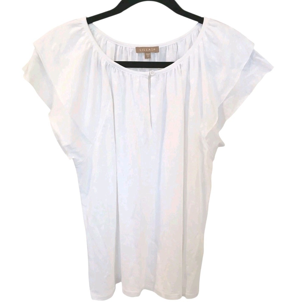 Lilla P White Flutter Sleeve Split Neck Pima/Modal Cotton Top Size Small Peasant