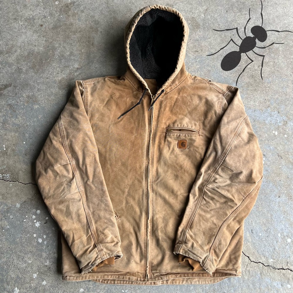 Vintage Y2K Brown Sherpa-Lined Carhartt J141 Faded Hooded Work Jacket