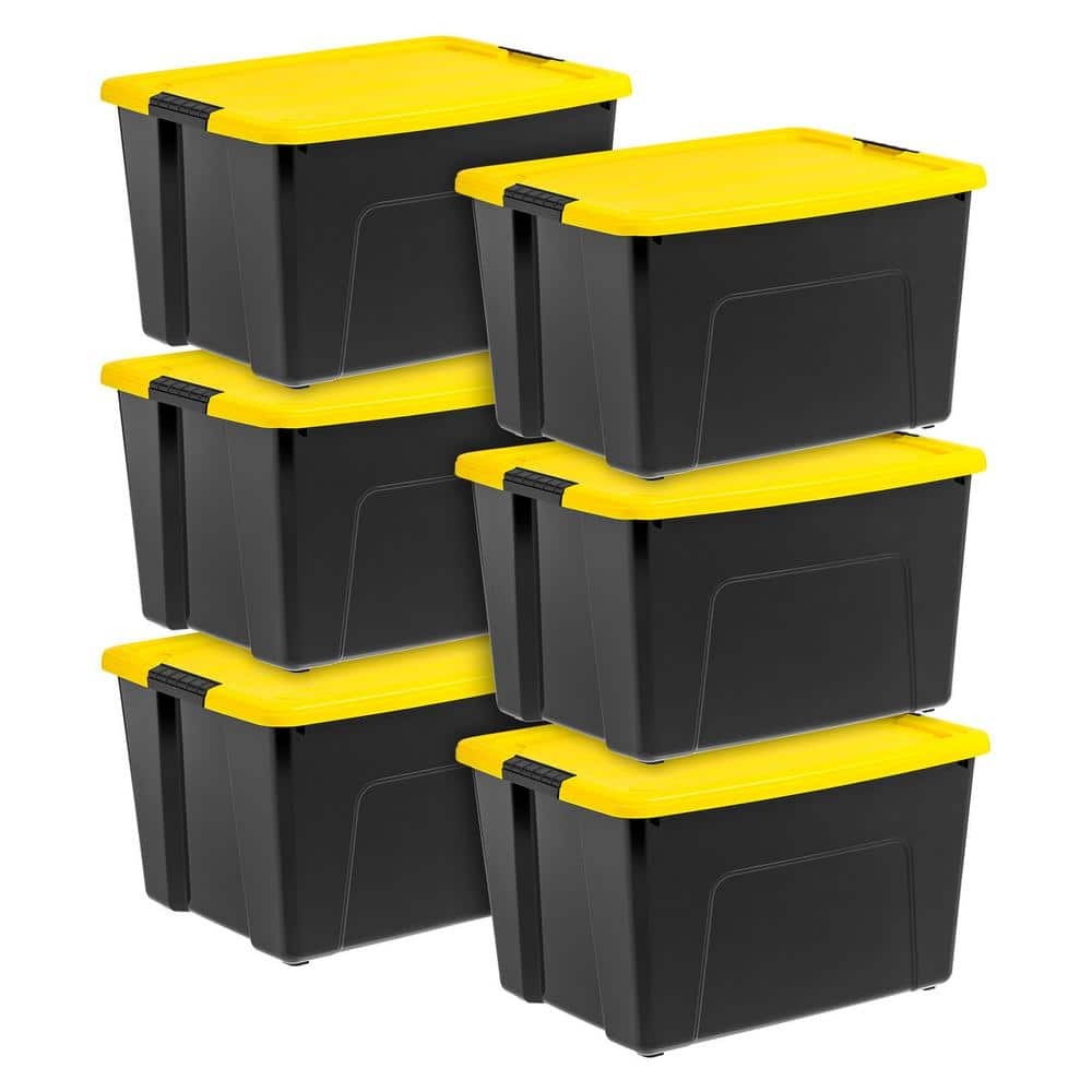 60 Qt Black & Yellow Plastic Storage Boxes with Latching Lids - Set of 6