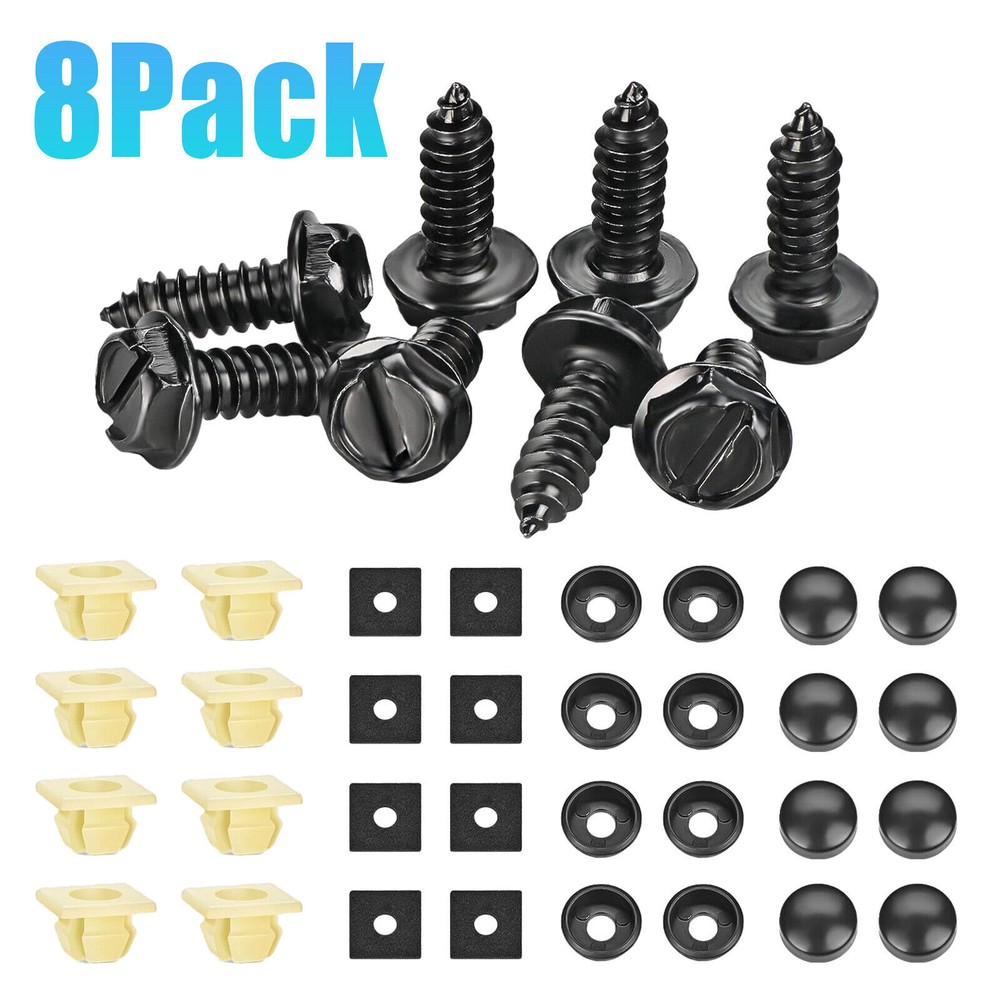 8 PCS Black License Plate Screws Stainless Steel Bolts Caps Car Fasteners Kit
