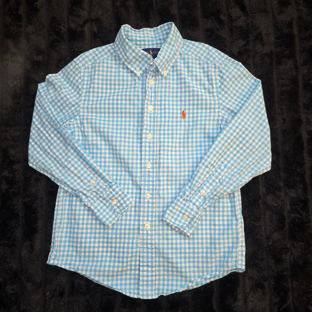 Ralph Lauren Boys Gingham Button Down Shirt Blue White Cotton Pony Logo Sz 8