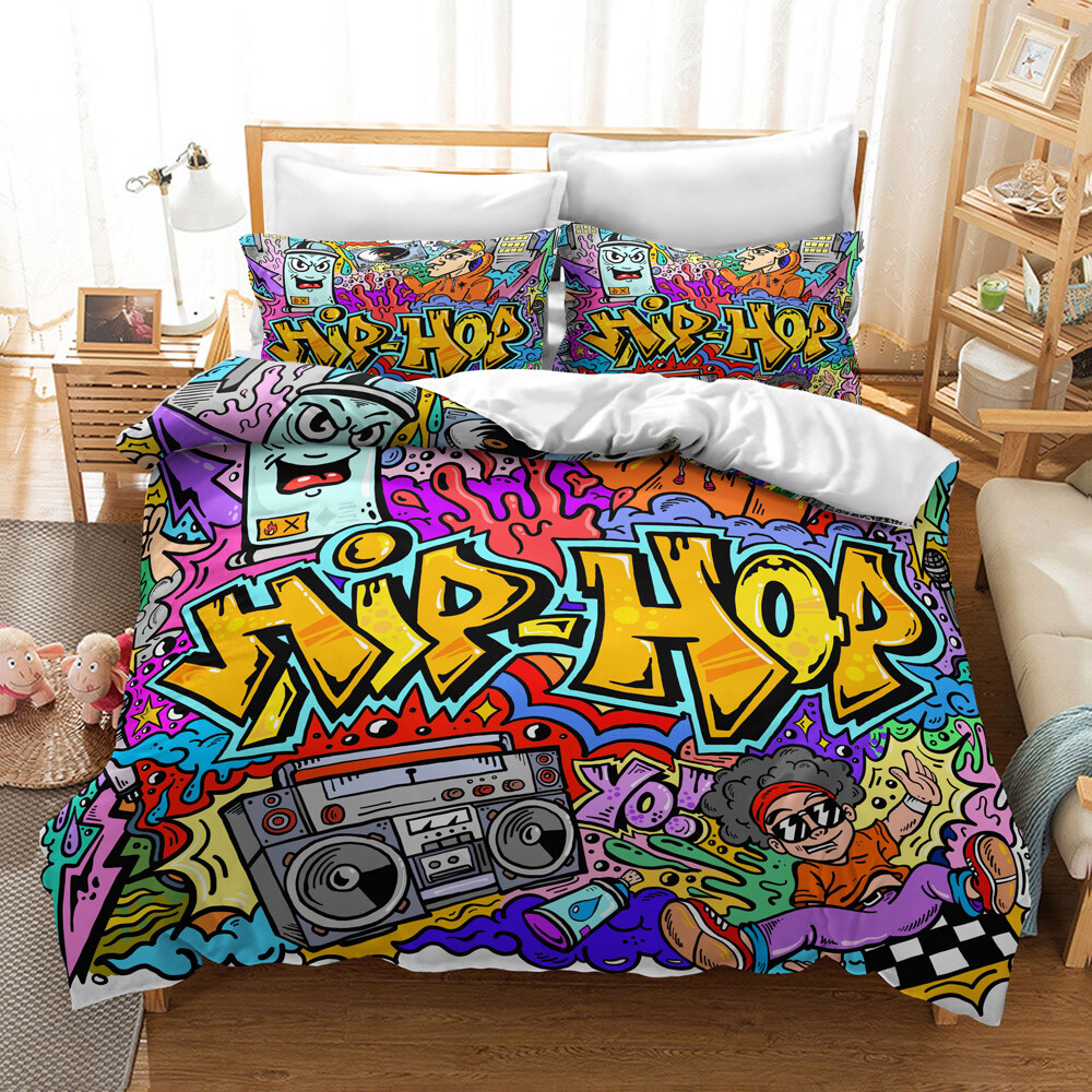3D Hip-Hop Graffiti Duvet Cover Queen Abstract Art Comforter Cover PillowCase