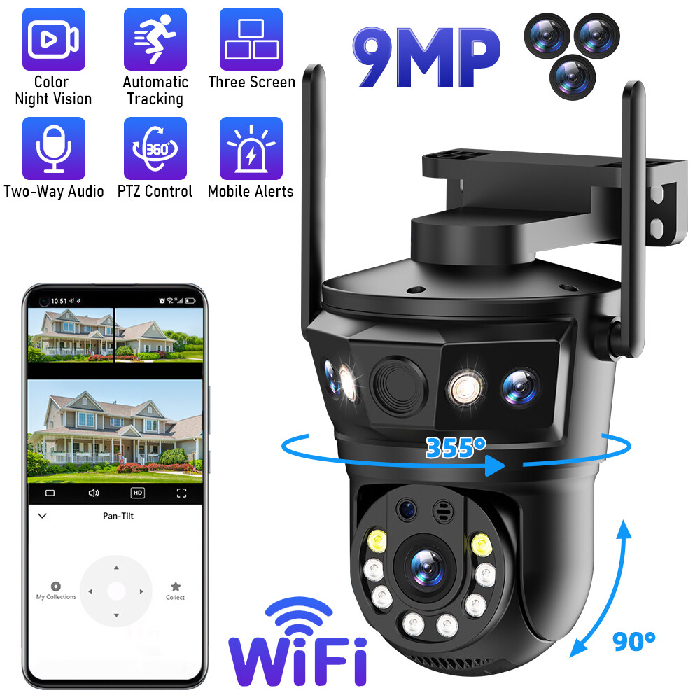 3 Lens 9MP Wireless HD WiFi PTZ Security Camera for Home and Outdoor Use with IR Night Vision and CCTV Monitoring