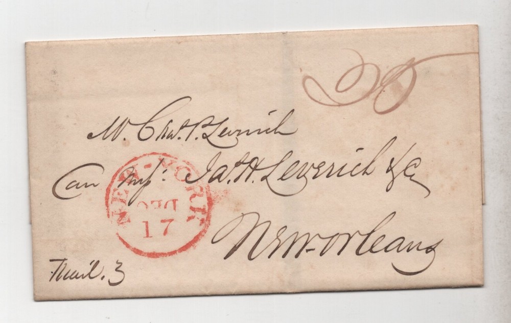 US 1835 NEW YORK STAMPLESS COVER DESCRIBING WALL STREET FIRE TO NEW ORLEANS