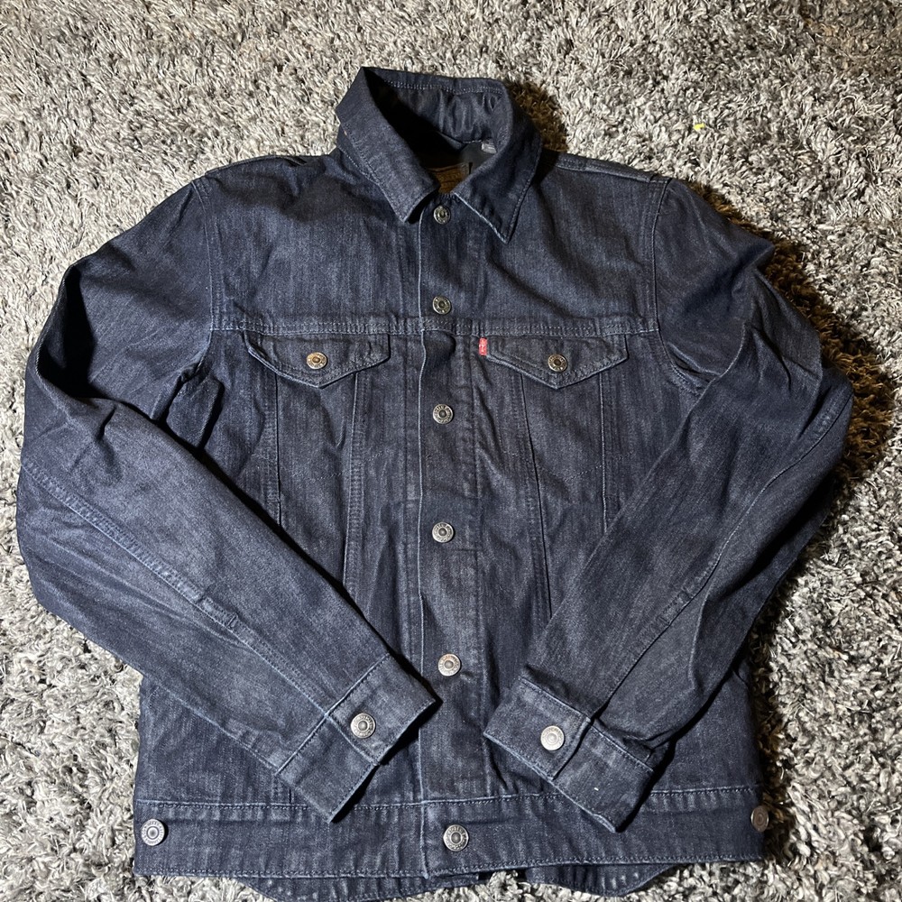 Levi Strauss & Co Denim Jean Trucker Jacket Indigo Blue Mens S Hidden Hood EUC