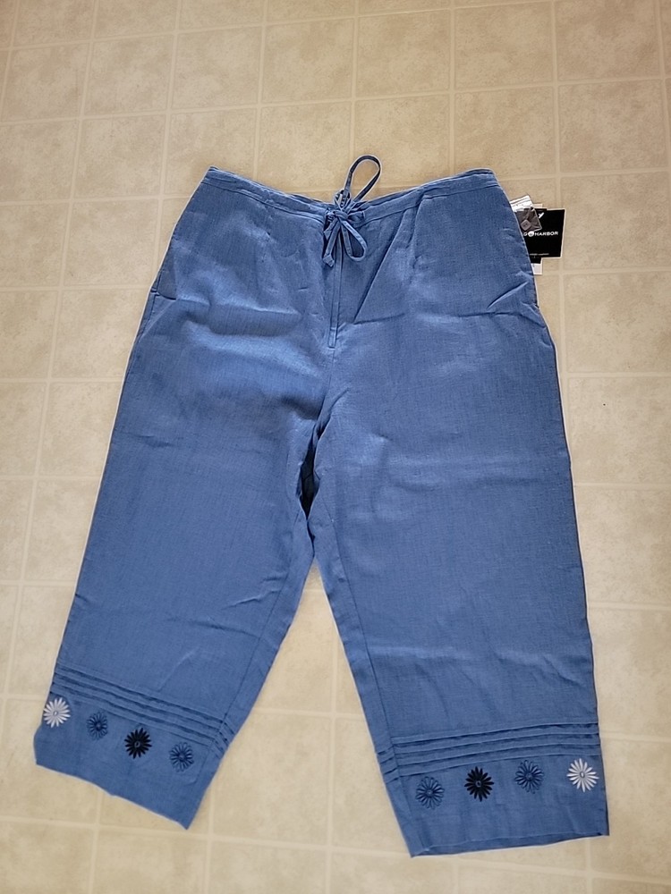 Sag Harbor Embroidered  Leg Crop Capri  Blue Linen Rayon Blend Pants 20W NEW