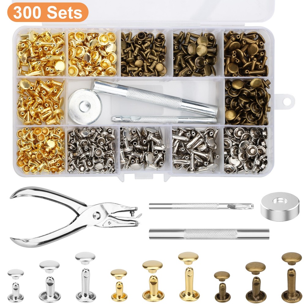 300PCS Double Cap Rivets Kit with Hole Punch Pliers Leathercraft Set Metal Studs