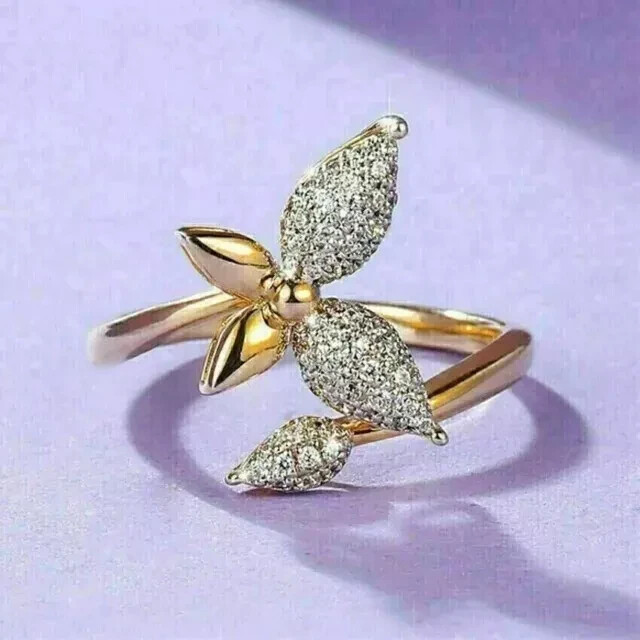 14K Yellow Gold Plated 2Ct Round Cut Lab Created Diamond Women's Butterfly Ring