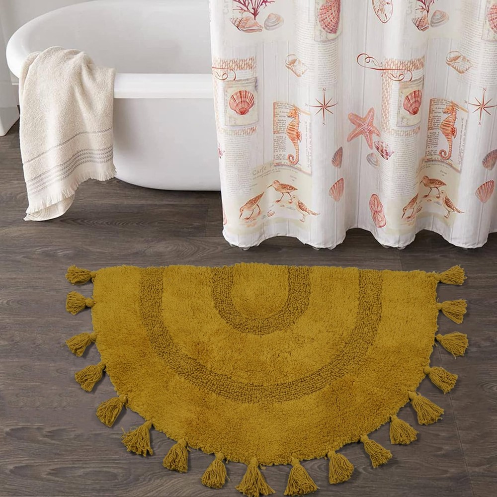 Mustard Boho Half Circle Bath Mat with Tassels Hand-Woven Cotton Bathroom Rug