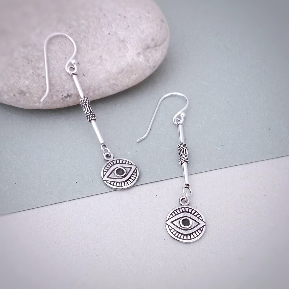 Long Evil Eye dangle earrings in sterling silver, Lucky Eye Protection Jewellery