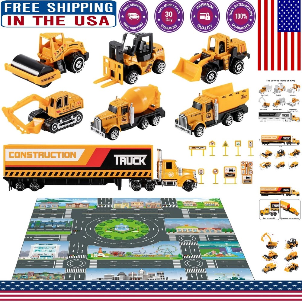 Durable 7-in-1 Diecast Construction Toys & Play Mat - Perfect Gift for Kids!