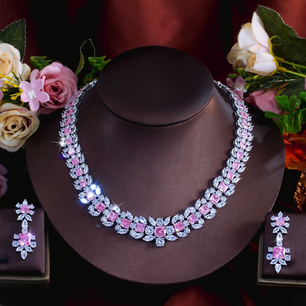 Pink Square Cubic Zircon Silver Plated Leaf Choker Necklace Earrings Jewelry Set
