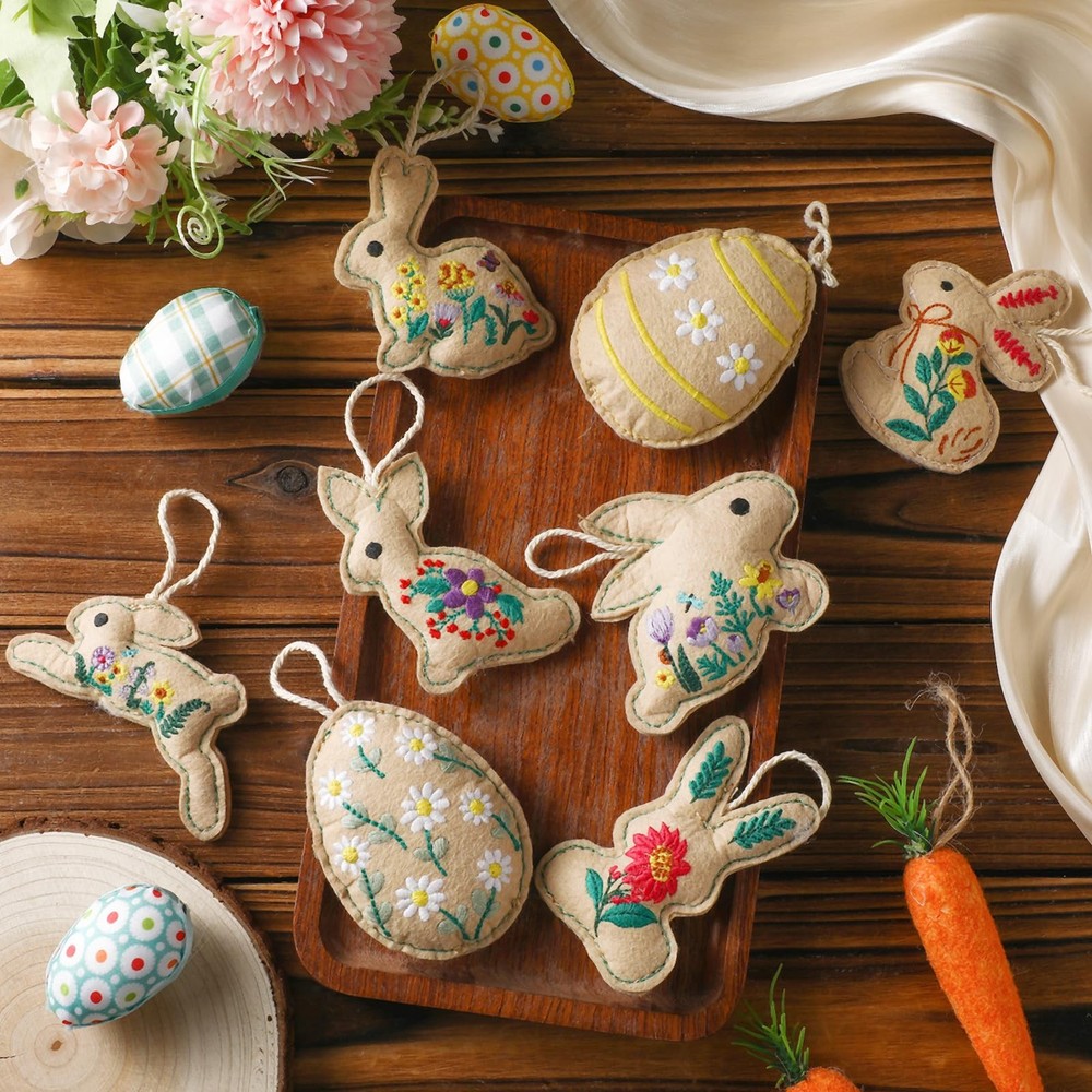 8 Pcs Easter Bunny Hanging Ornaments Vintage Embroidery Rabbit Egg Ornaments ...