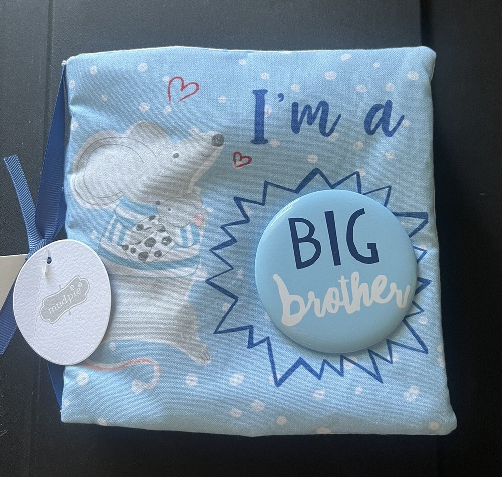 NEW NWT MUDPIE I'm a BIG BROTHER SOFT BOOK & PIN SET BABY BOOK BLUE MOUSE GIFT
