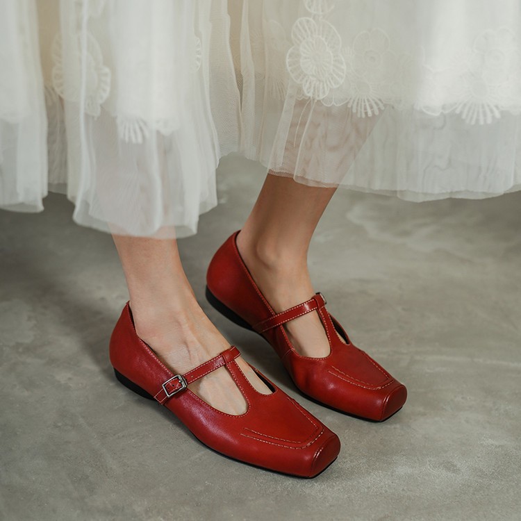 Women Real Leather Cowhide T Strap Flats Casual Retro French Style Buckle Spring