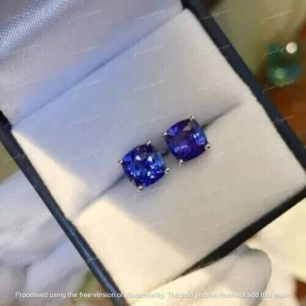 3 CT Cushion Cut Lab Created Blue Tanzanite Stud Earrings 14K White Gold Plated