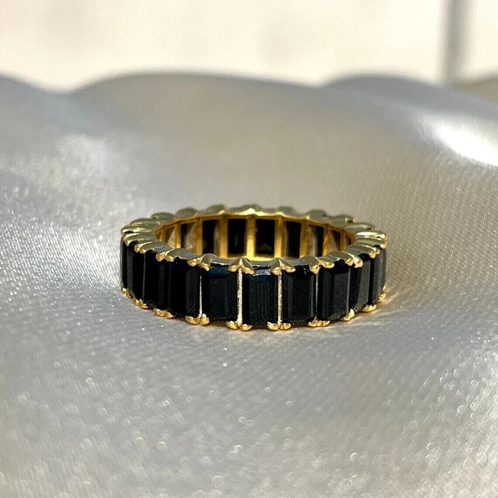 Emerald Cut Simulated Black Diamond Engagement Band Ring 14k Yellow Gold Plated